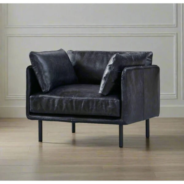 1 Seater Gloss Black Industrial Chesterfield Genuine buffalo Leather Sofa